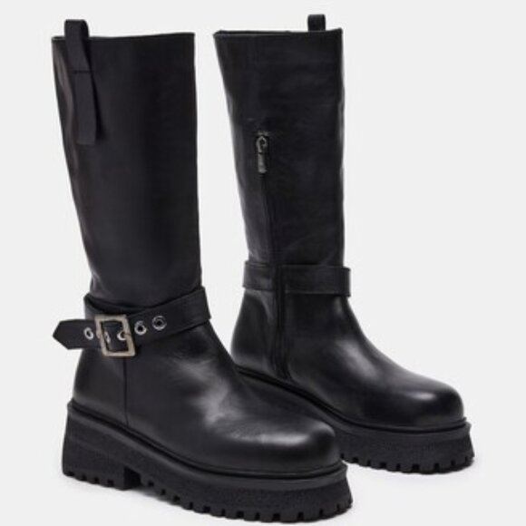 NWOB Steve Madden Willow Black Leather Boots - Picture 1 of 5